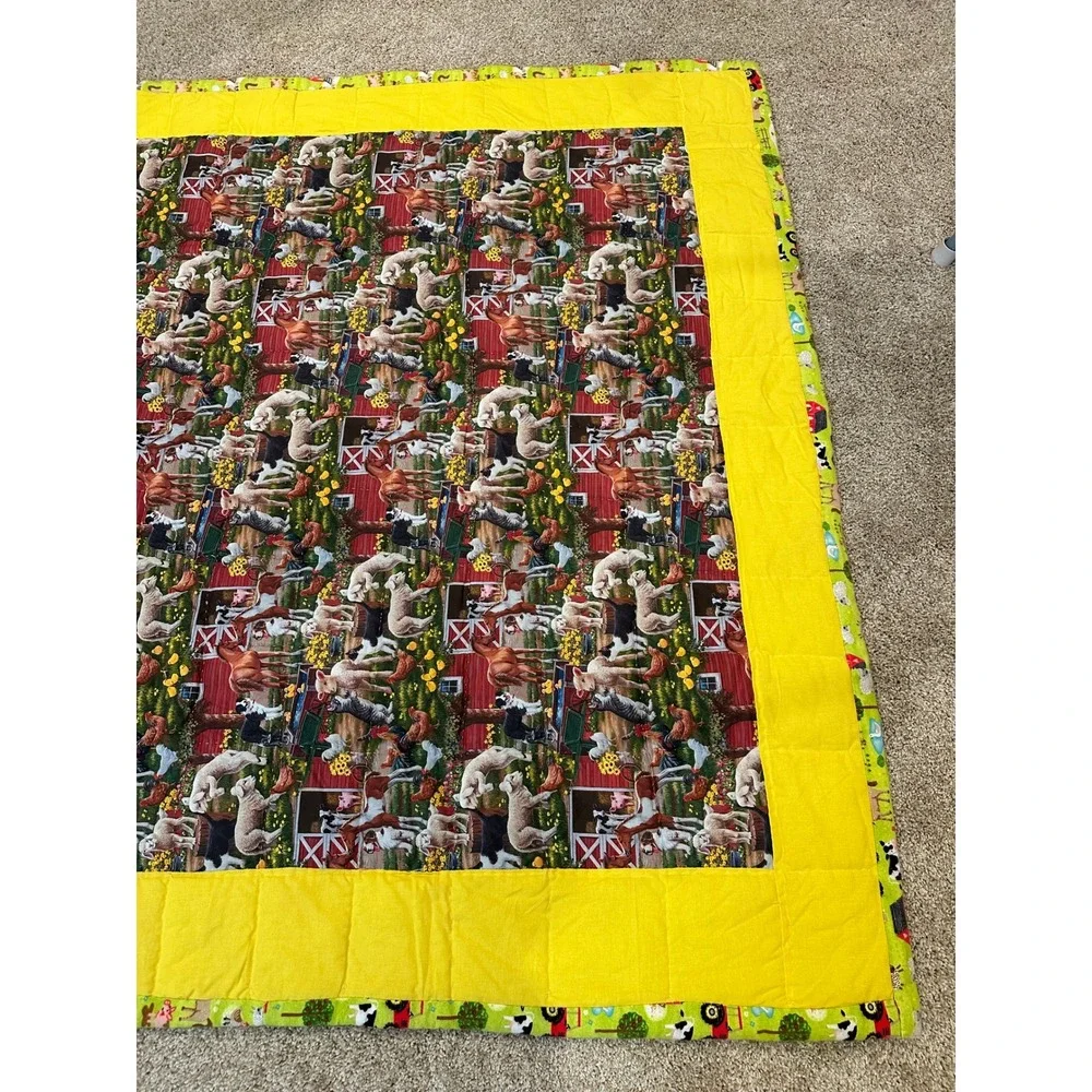 Handmade Farm Animal Quilted Throw Blanket‎ Yellow Border Green Tractor Backing